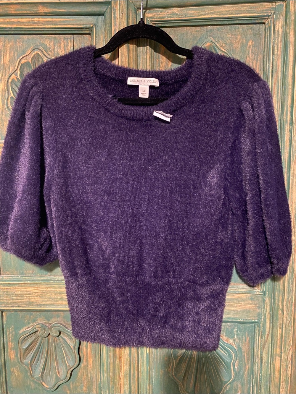 Chelsea & Violet Plush Deep Purple Short Puff Sleeve Sweater